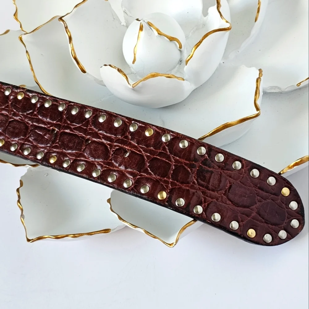 ✨ Vintage Gianni Versace Medusa Studded Leather Belt Brown Croc, Gold & Silver
